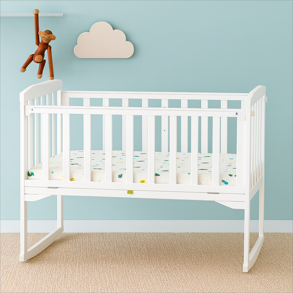 Patut bebelusi din lemn stil scandinav cu roti, laterale de protectie, saltea inclusa, baldachin, alb 104 x 60 x 85 cm