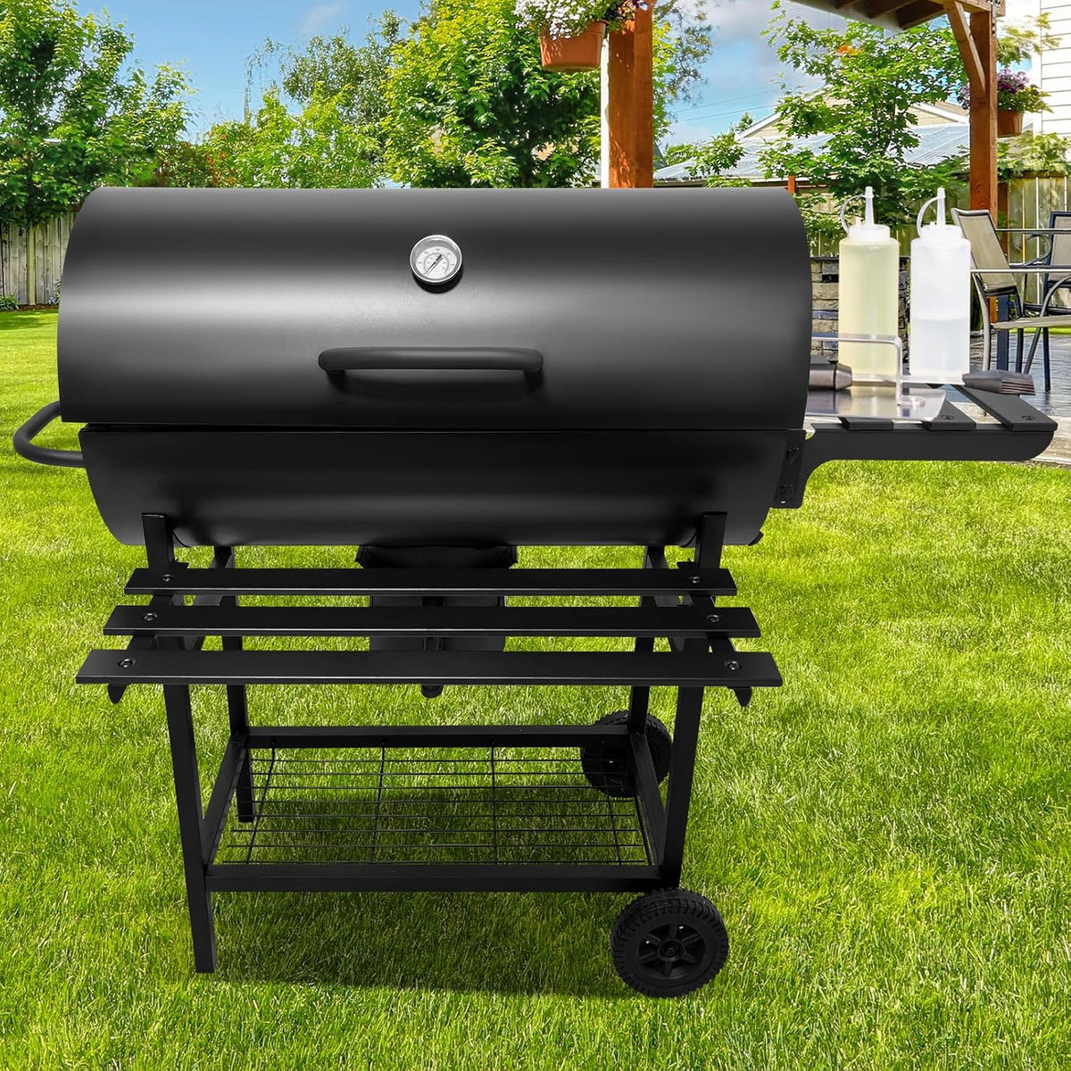 Gratar cu capac si termometru 105,5x85x118 cm – rafturi laterale, roti si aerisire reglabila