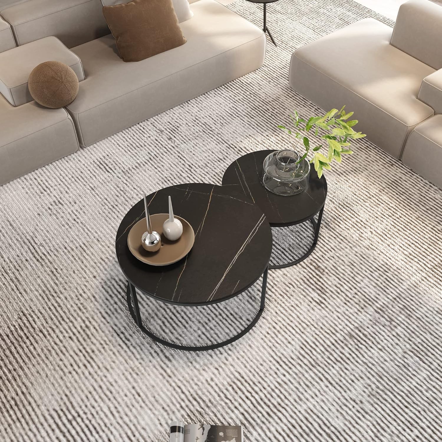 RESIGILAT - Set 2 masute rotunde de cafea cu efect de marmura, diametru 80/60 cm, blat MDF, cadru metalic