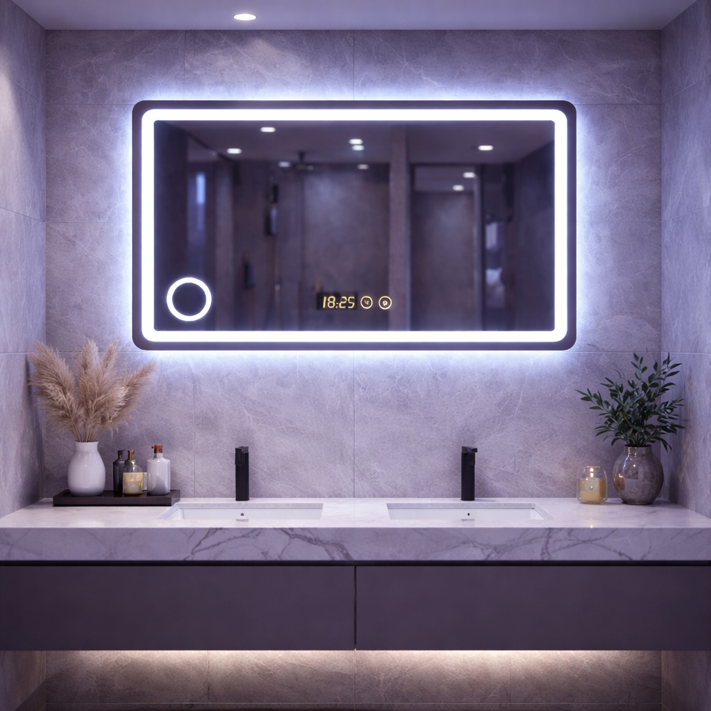 RESIGILAT - Oglinda LED premium, 90x70 cm, iluminare reglabila, lupa, touch, dezaburire, ceas