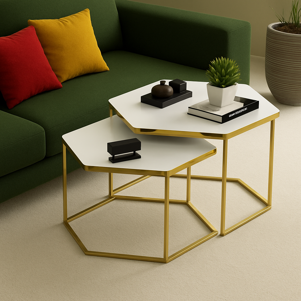 Set de 2 masute hexagonale, design Modern si Elegant cu Cadru Auriu si Blat Alb