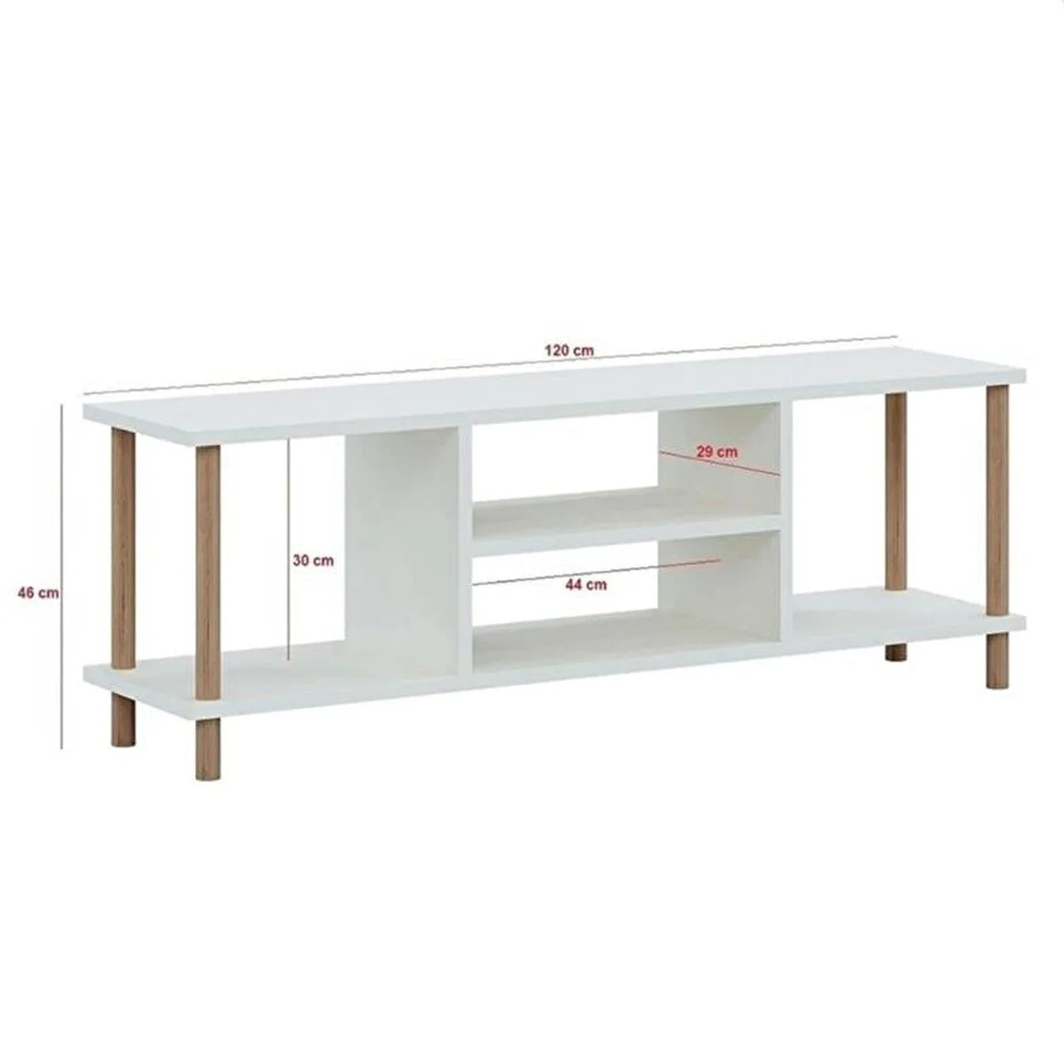 Comoda TV cu rafturi, 120 cm, model cu picioare din lemn