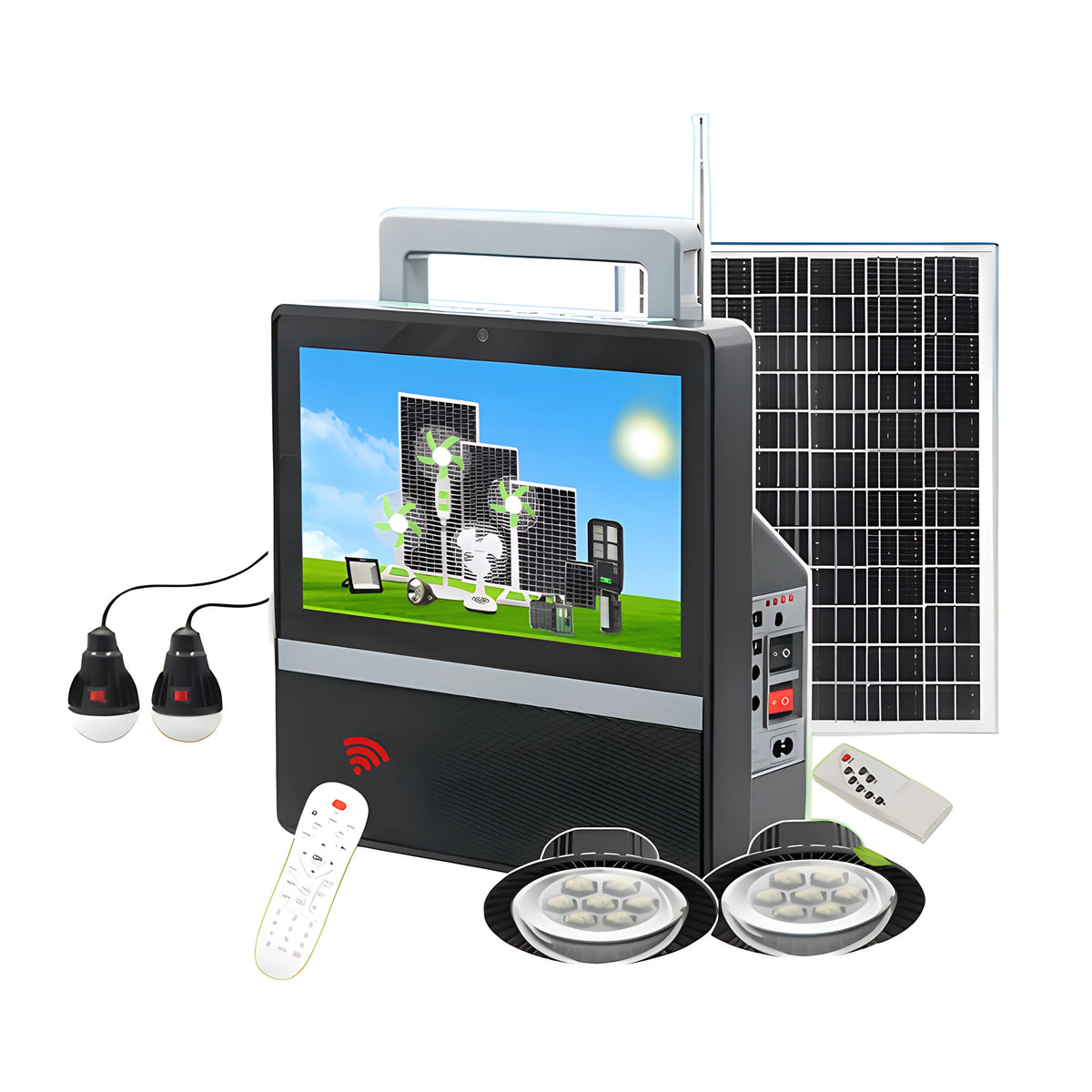 Televizor Solar 10 inch GD8088 cu 2 Proiectoare LED si 2 Becuri LED de 5W si Power Bank USB