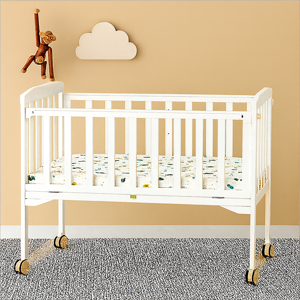 Patut bebelusi din lemn stil scandinav cu roti, laterale de protectie, saltea inclusa, baldachin, alb 104 x 60 x 85 cm