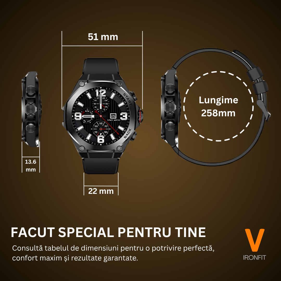 Ceas Smartwatch Barbati IRONFIT, Ecran AMOLED 1.43", Fitness, Sport, Apel Bluetooth, Notificari Limba Romana, Microfon HD, Rezistent Apa 5ATM, 2 Curele Incluse, Negru