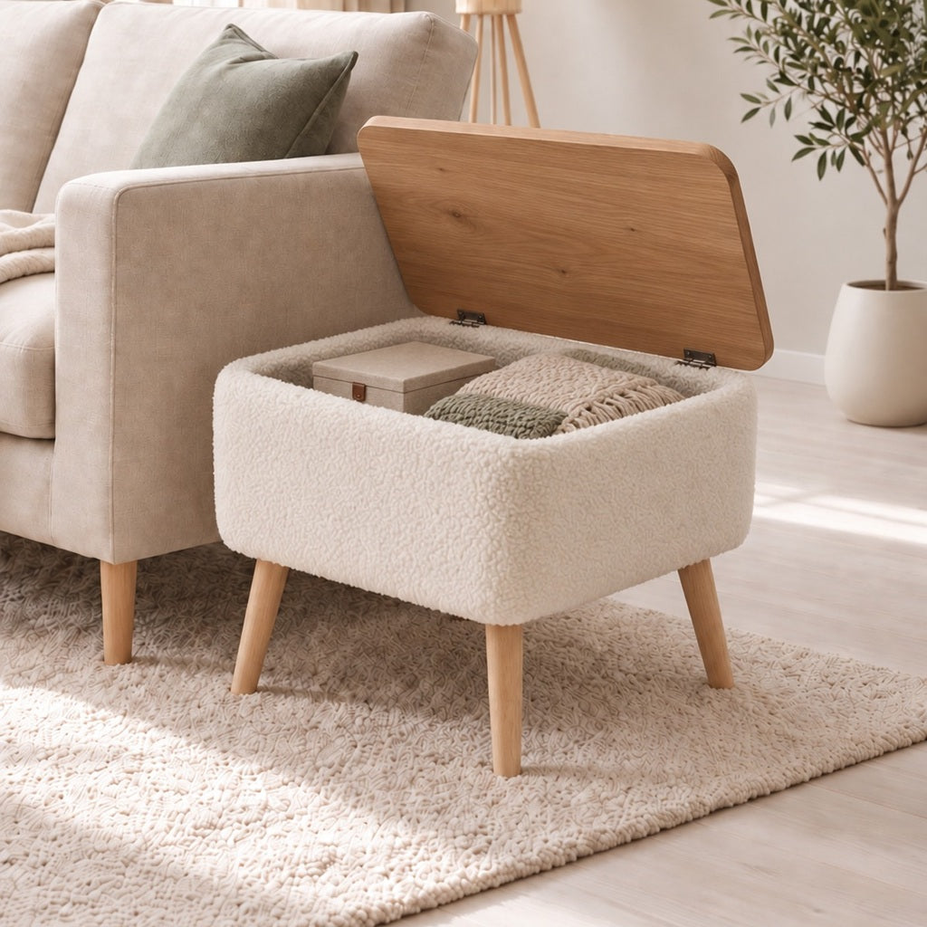 Masuta Auxiliara cu Depozitare Tapitata Boucle Alb-Crem 60x30x45 cm Design Scandinav - detaliu produs