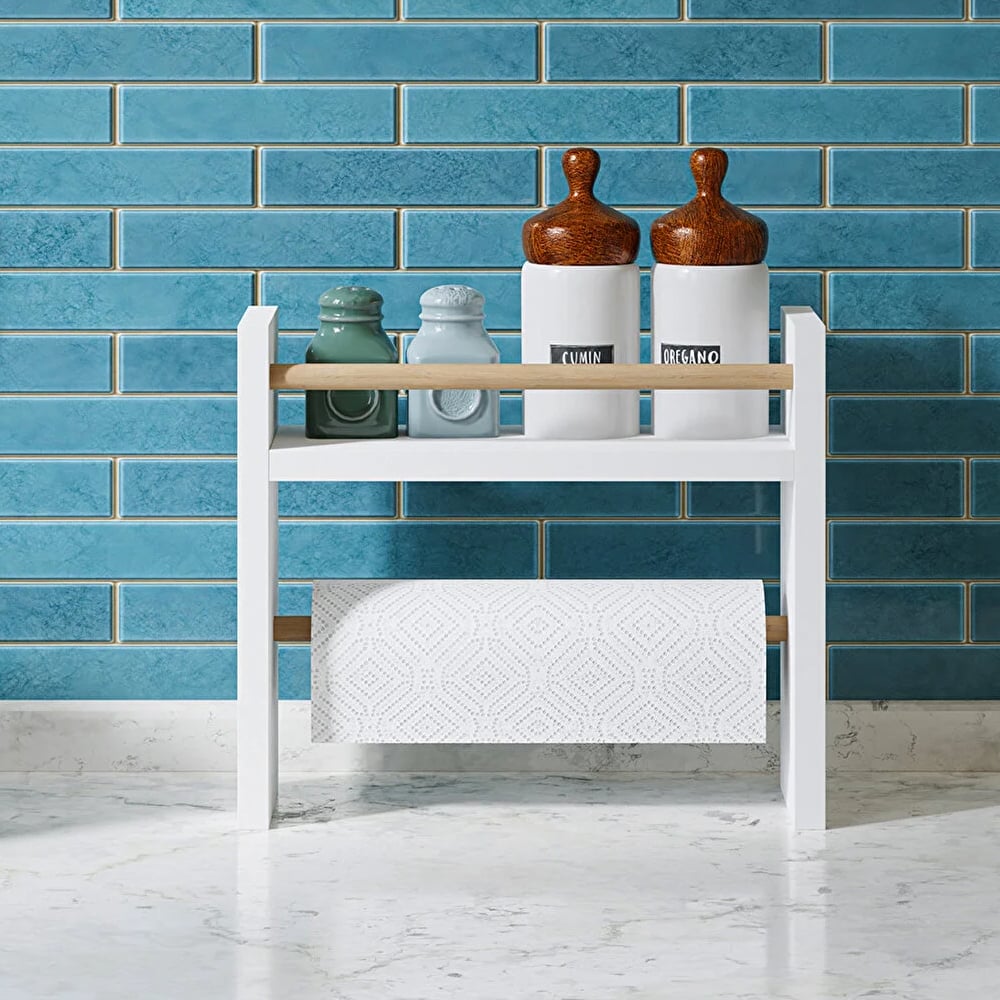 Raft lemn bucatarie 2 in 1 cu suport prosop hartie, organizator condimente, 30x13.5x29 cm