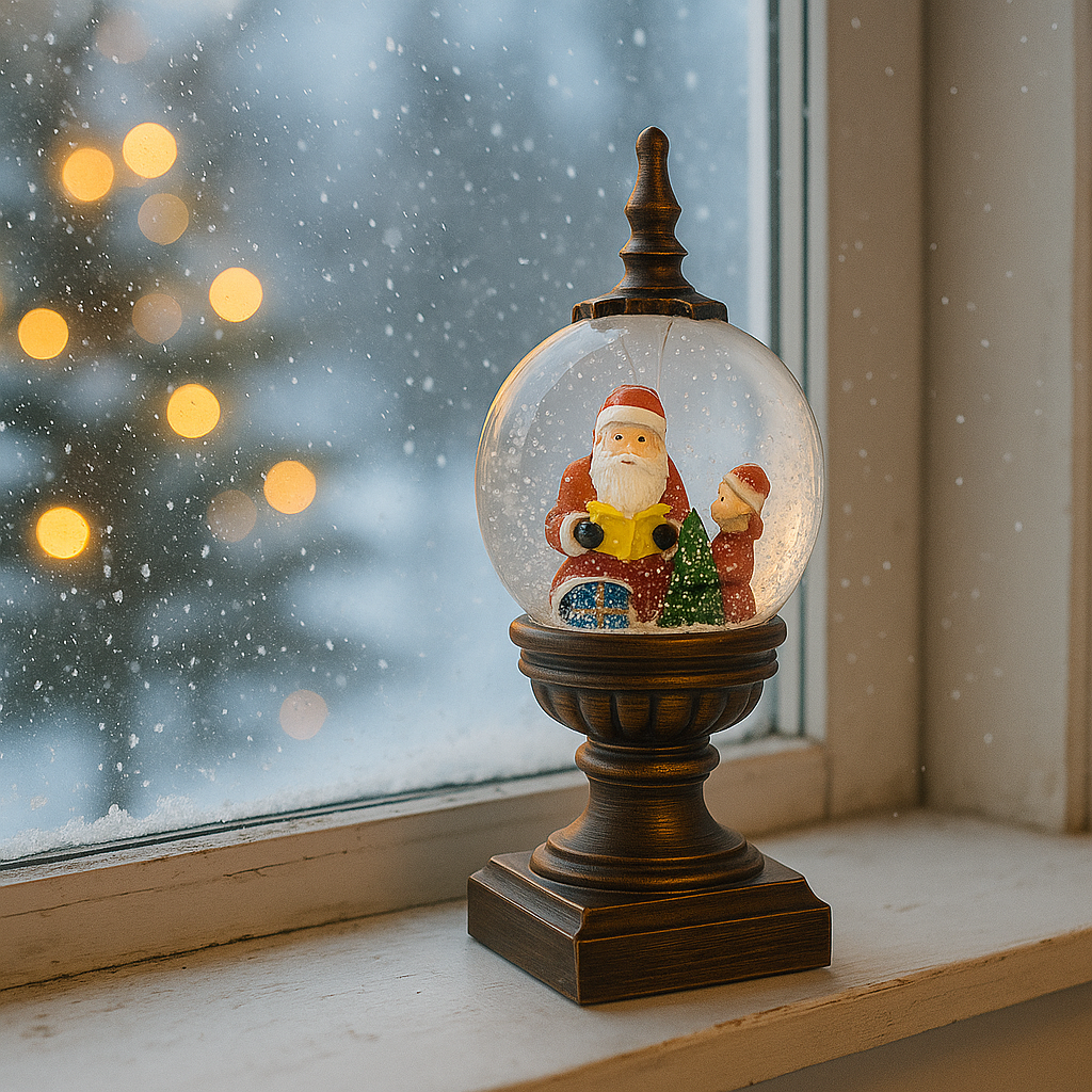 Decoratiune Craciun, Tip Felinar, Glob 12 cm, Figurine Mos Craciun, copil si brad, 3 Moduri, Functie Muzicala, Zapada in Miscare, model Vintage Negru - Auriu