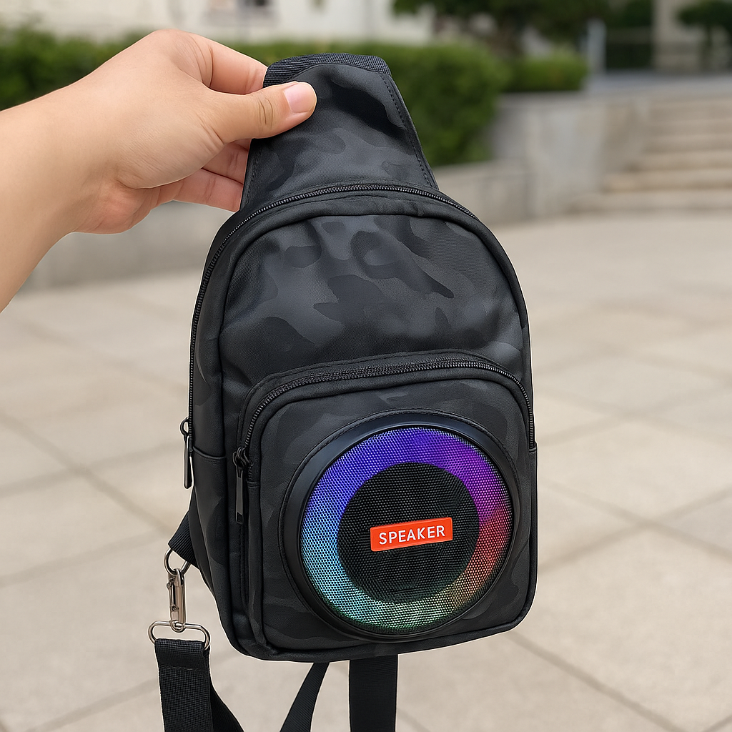 Boxa portabila tip rucsac, Bluetooth 5.0, lumini RGB, FM, TWS si power bank, 17 x 10.5 x 19.5 cm