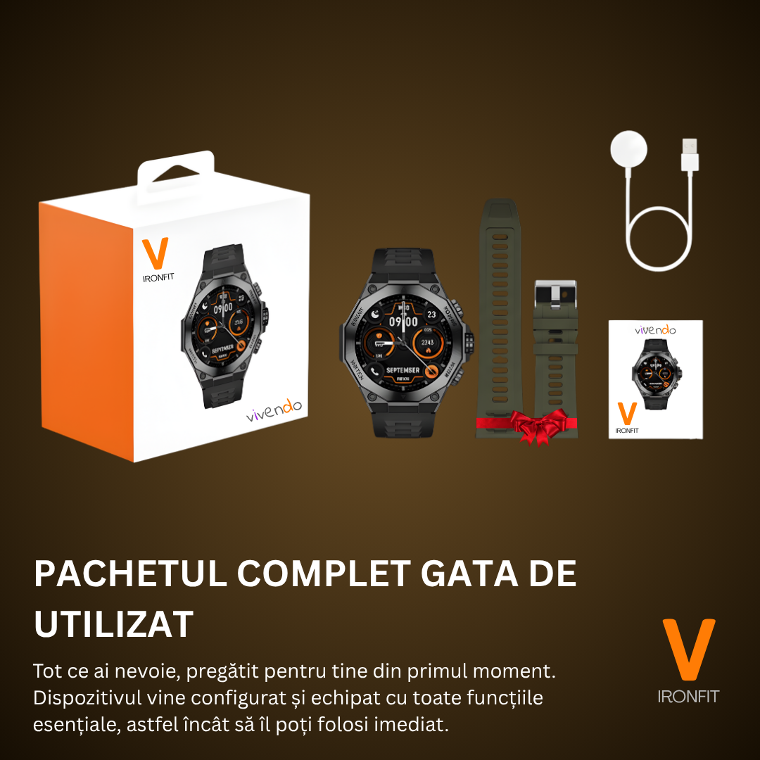 Ceas Smartwatch Barbati IRONFIT, Ecran AMOLED 1.43", Fitness, Sport, Apel Bluetooth, Notificari Limba Romana, Microfon HD, Rezistent Apa 5ATM, 2 Curele Incluse, Negru