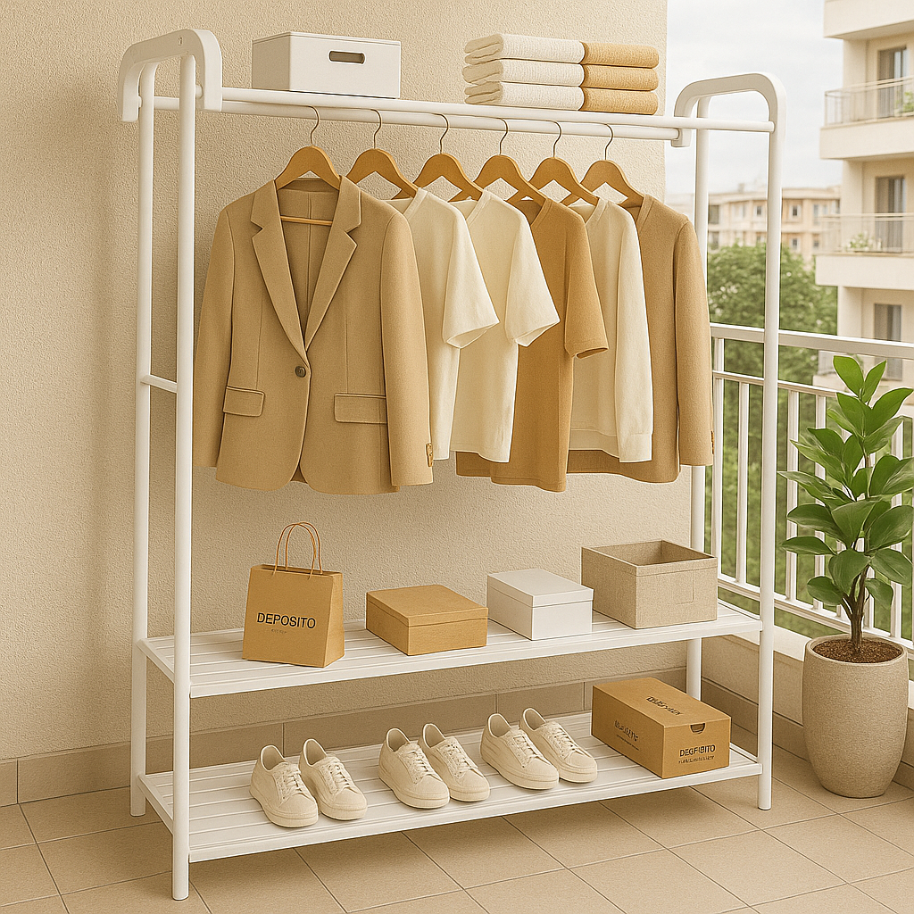 Suport dublu de umerase pentru haine, cu 2 suporti de pantofi, din metal, cu raft depozitare deasupra – 70KG greutate maxima, 150 x 110 x 50cm