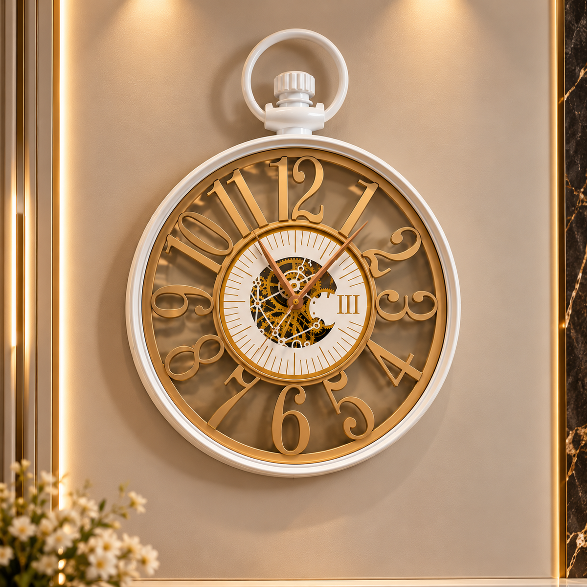 Ceas de Perete Premium Stil Ceas de Buzunar, Design Vintage cu Mecanism Aparent, 60 × 45 × 7 cm - detaliu produs