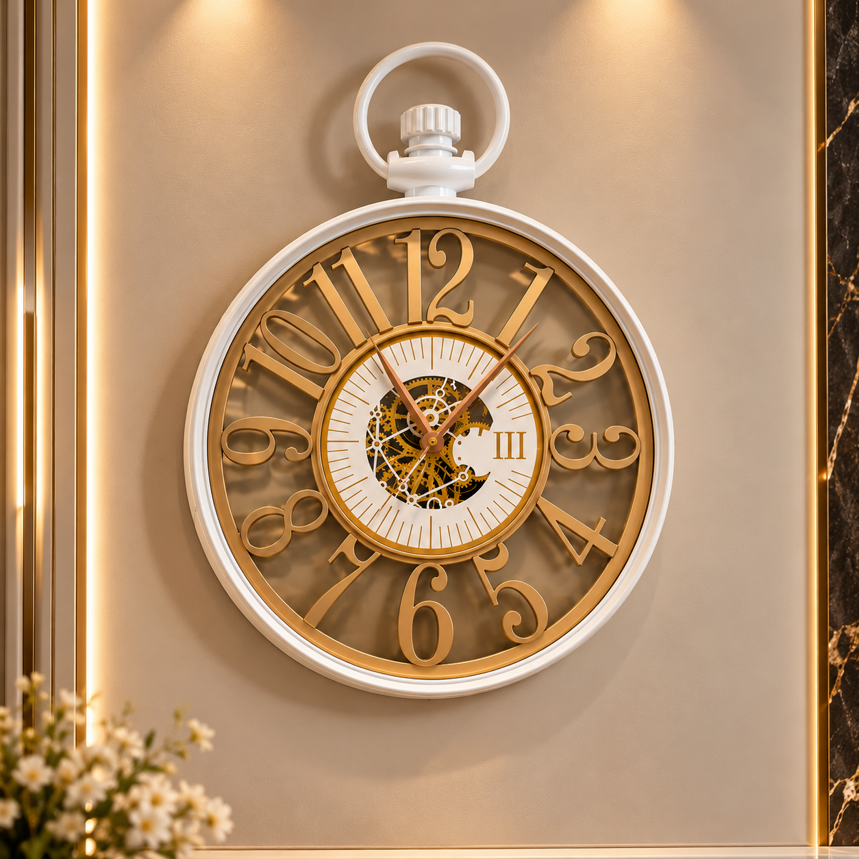 Ceas de Perete Premium Stil Ceas de Buzunar, Design Vintage cu Mecanism Aparent, 60 × 45 × 7 cm - detaliu produs