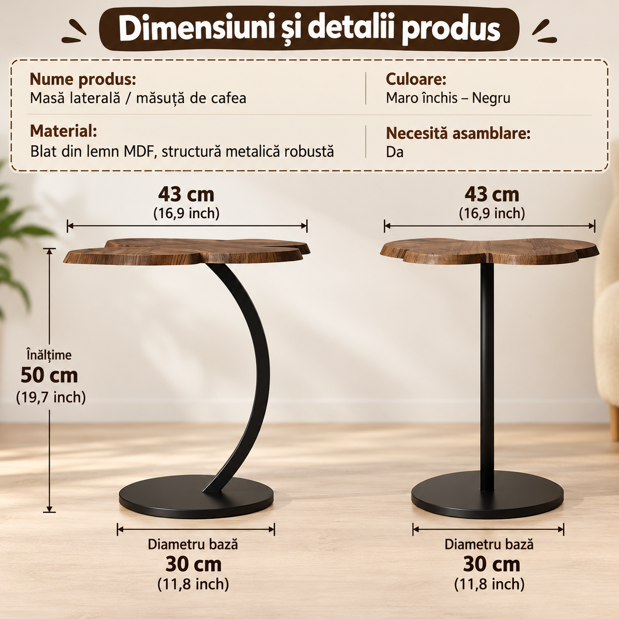 Masuta Laterala in Forma de C Blat Lemn Fluture Cadru Metalic Living Birou - detaliu produs