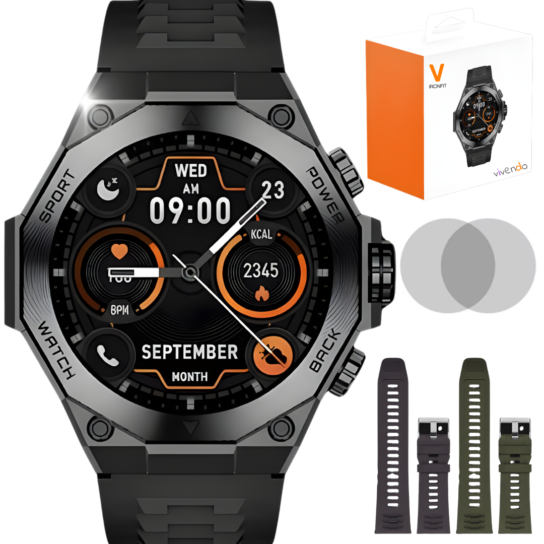 Ceas Smartwatch Barbati IRONFIT, Ecran AMOLED 1.43&quot;, Fitness, Sport, Apel Bluetooth, Notificari Limba Romana, Microfon HD, Rezistent Apa 5ATM, 2 Curele Incluse, Negru