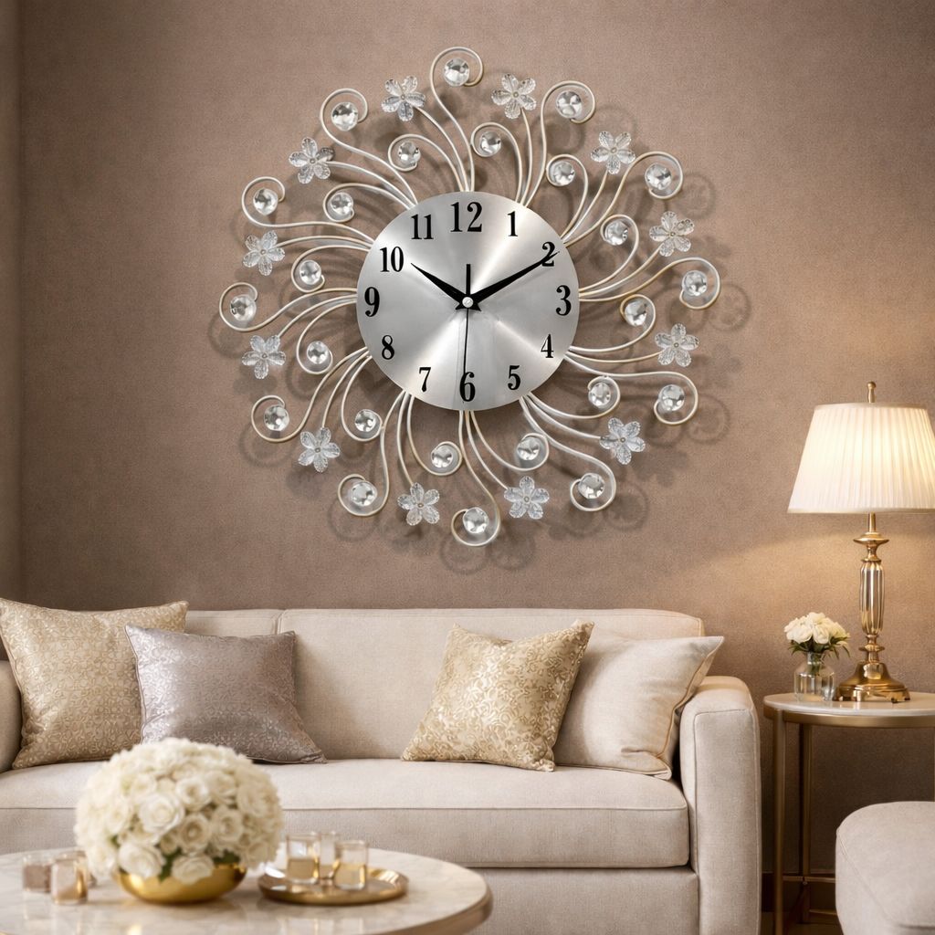 Ceas de perete decorativ tip soare cu floricele 38 cm