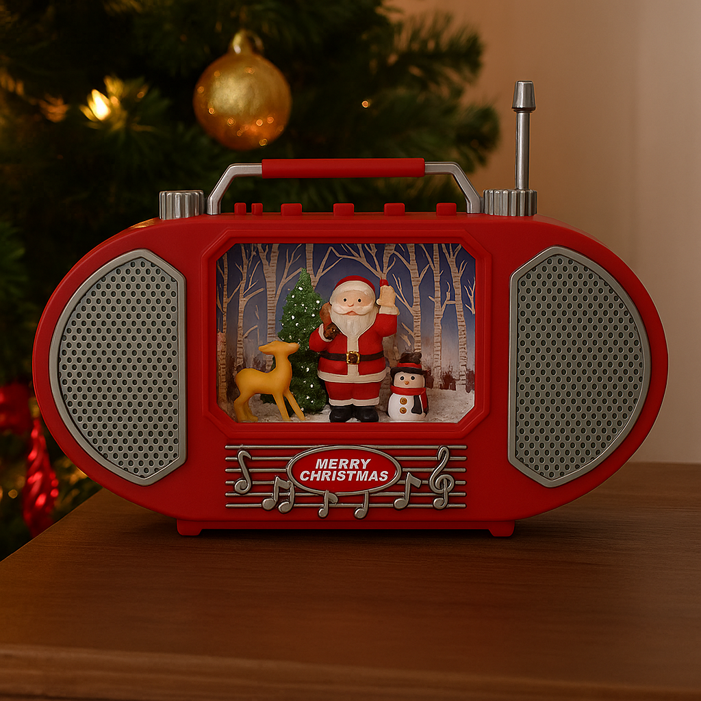 Radio decorativ de Craciun cu Mos Craciun – cu lumini, efect de ninsoare si design retro
