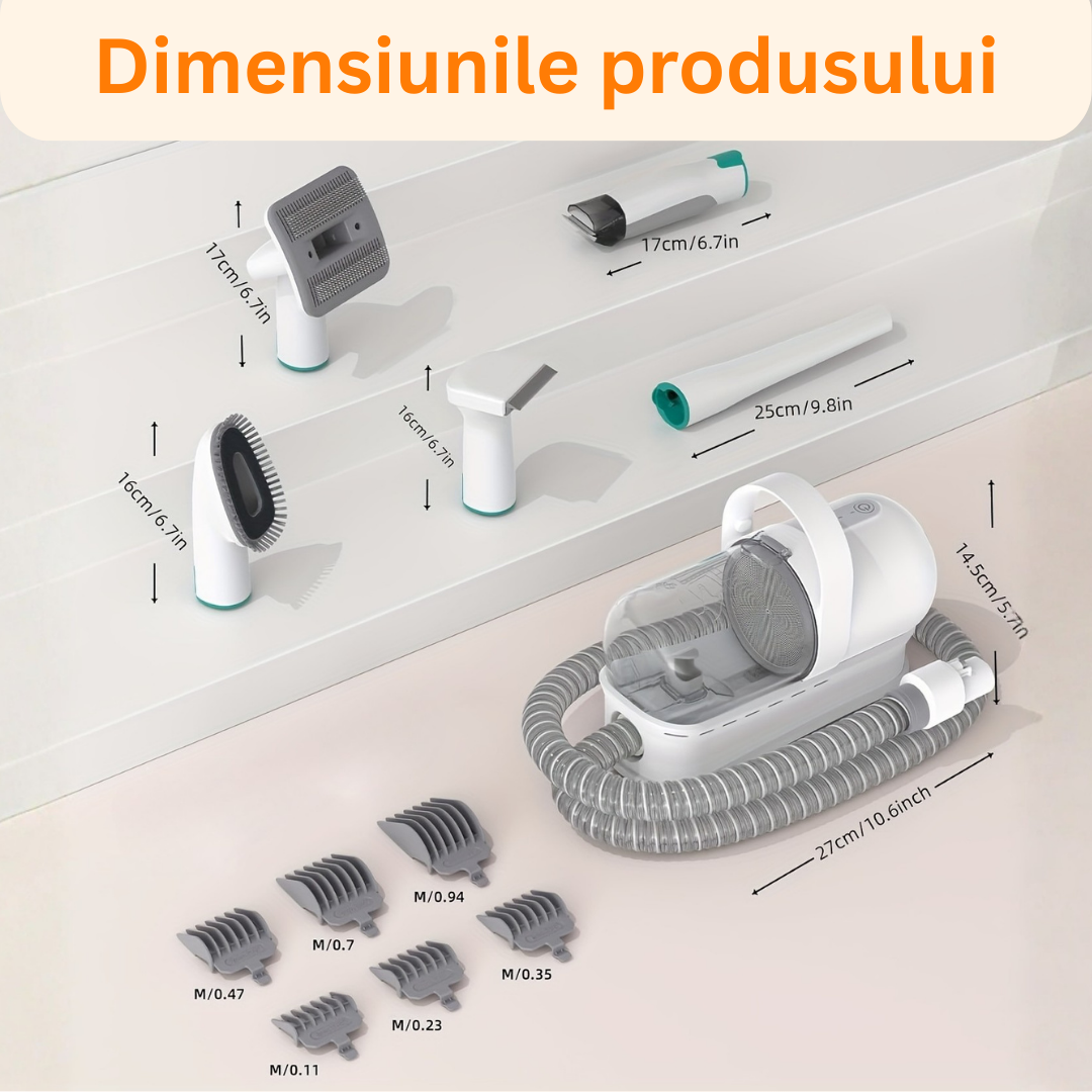 Masina de tuns animale 5 in 1 cu Aspirator integrat – Caini si Pisici, 6 dimensiuni de tuns, zgomot redus, Alb