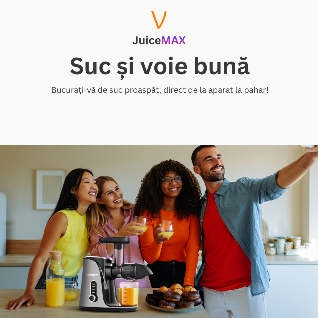 Storcator Multifunctional JuiceMAX cu Presare la Rece – Motor DC 150W, 110 RPM, Corp Inox, Functie Reverse, pentru Fructe, Legume si Frunze Verzi