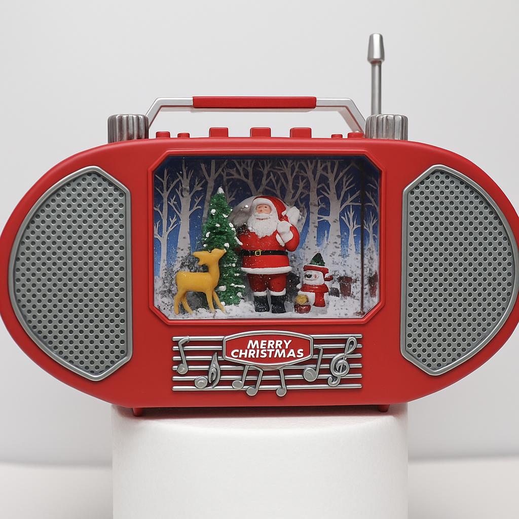 Radio decorativ de Craciun cu Mos Craciun – cu lumini, efect de ninsoare si design retro
