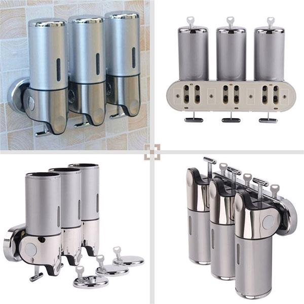 Set dispenser gel de dus, sampon, sapun lichid, balsam sau conditioner pentru baie, bucatarie, hotel, 3 X 500 ml, argintiu