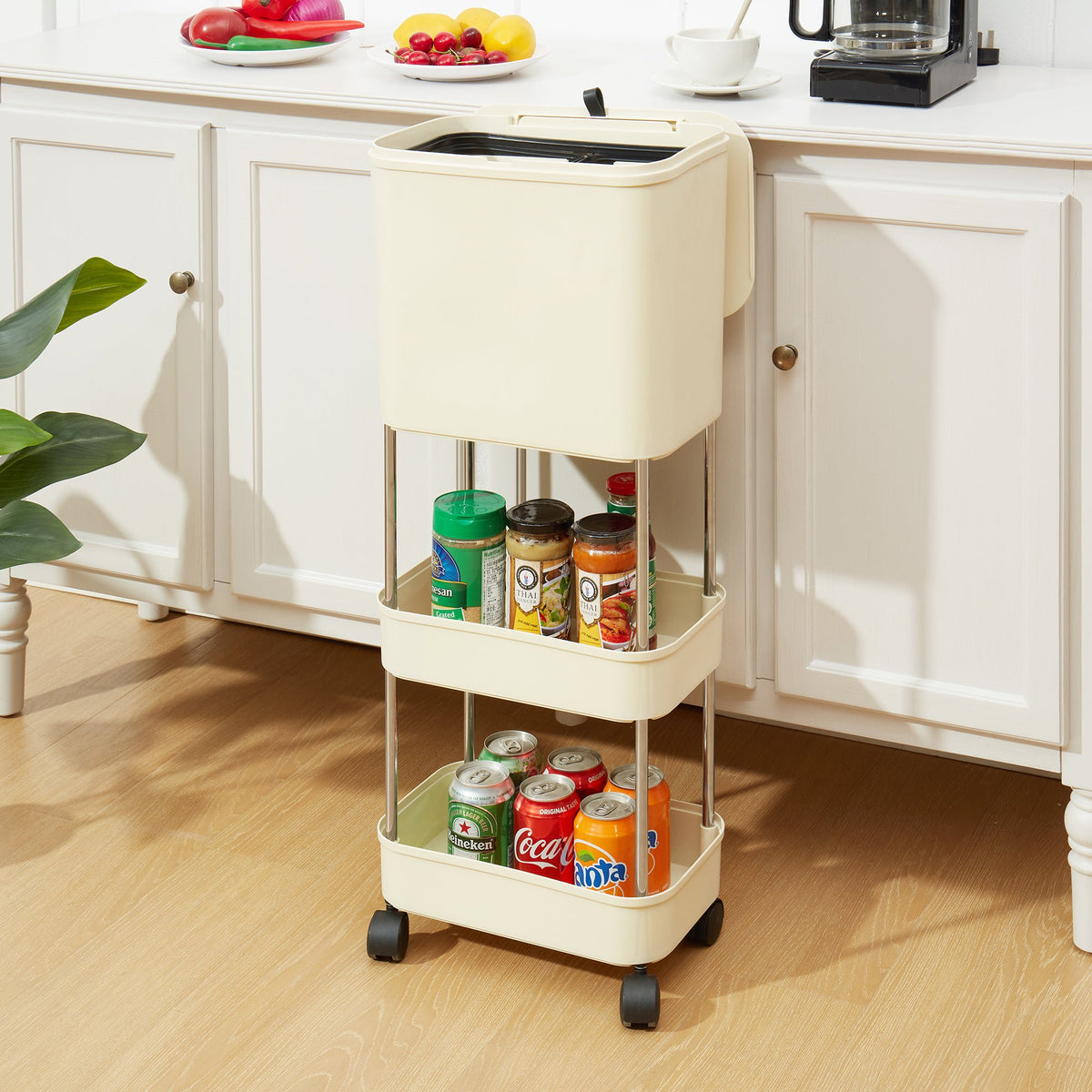 Carucior multifunctional cu cos de gunoi, 3 niveluri cu roti 360°, 78.5 x 24 x 17 cm