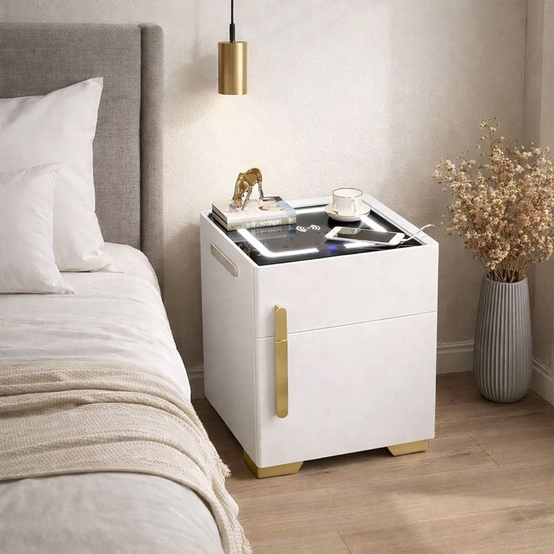 Noptiera cu statie de incarcare, seif ascuns si iluminare LED, Boxe incorporate, reglabila 3 culori pentru dormitor si living