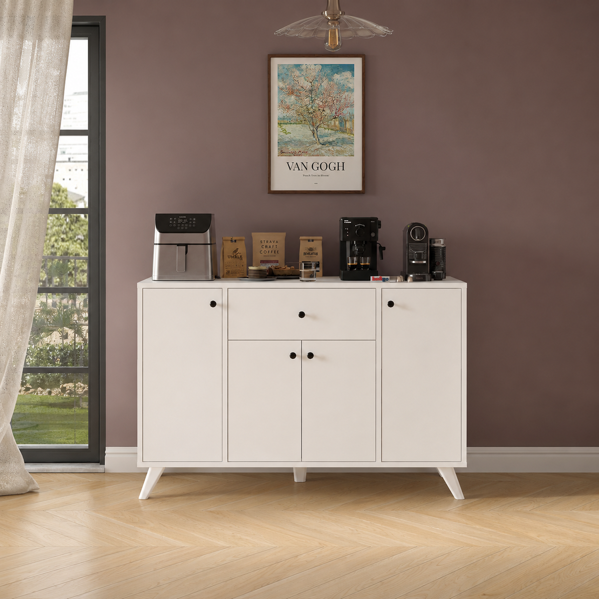 RESIGILAT - Dulap multifunctional 120x43,4x89 cm, cu 4 usi si sertare, pentru bucatarie, camara sau colt de cafea, alb