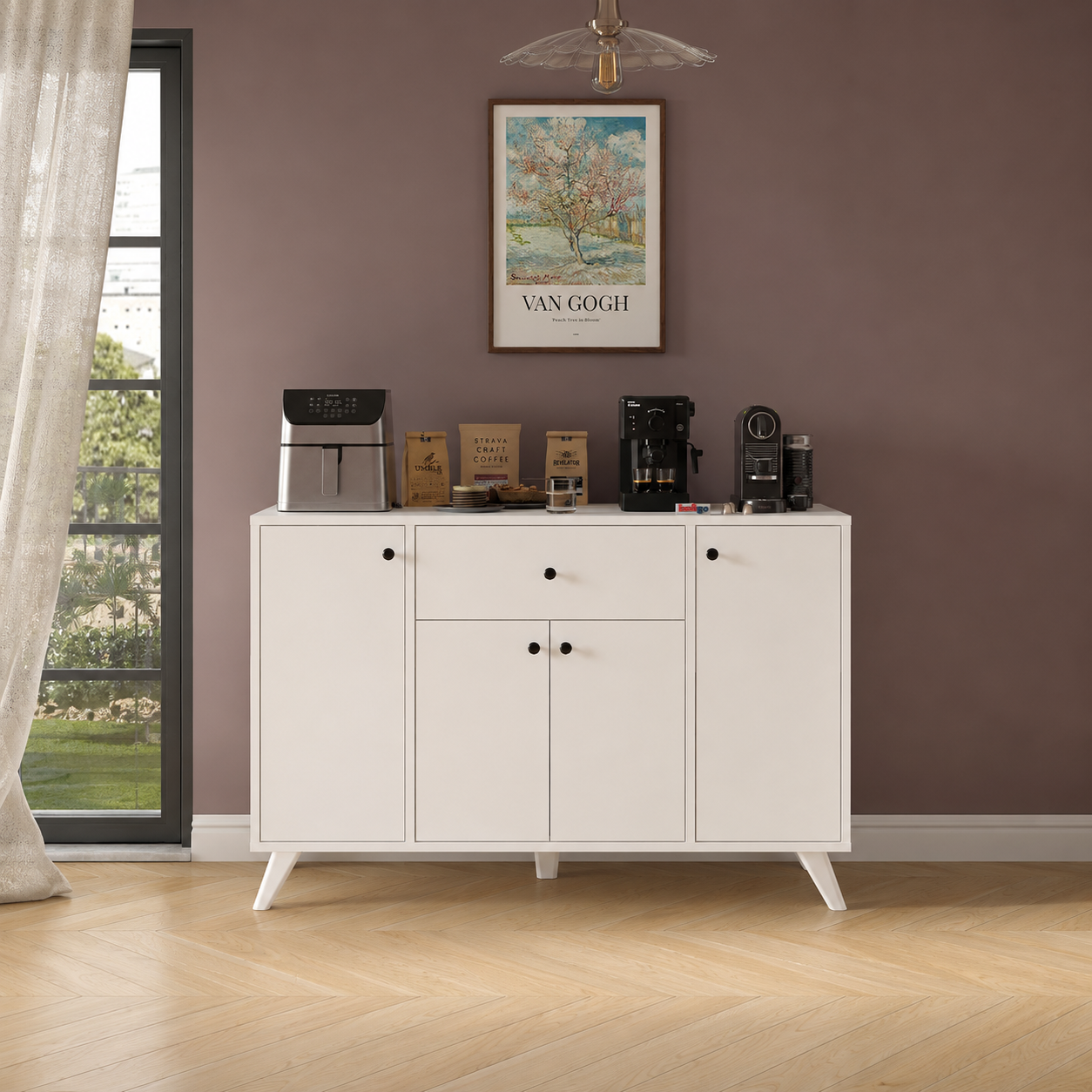 RESIGILAT - Dulap multifunctional 120x43,4x89 cm, cu 4 usi si sertare, pentru bucatarie, camara sau colt de cafea, alb