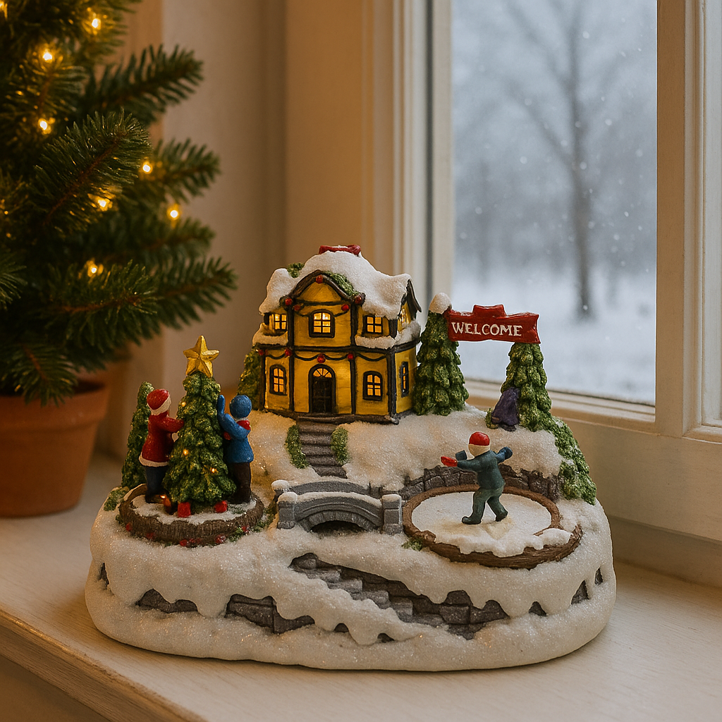 Decoratiune Muzicala de Craciun cu Luminare LED, Miscarare Rotativa si Peisaj de Iarna – Model Casa cu Patinoar