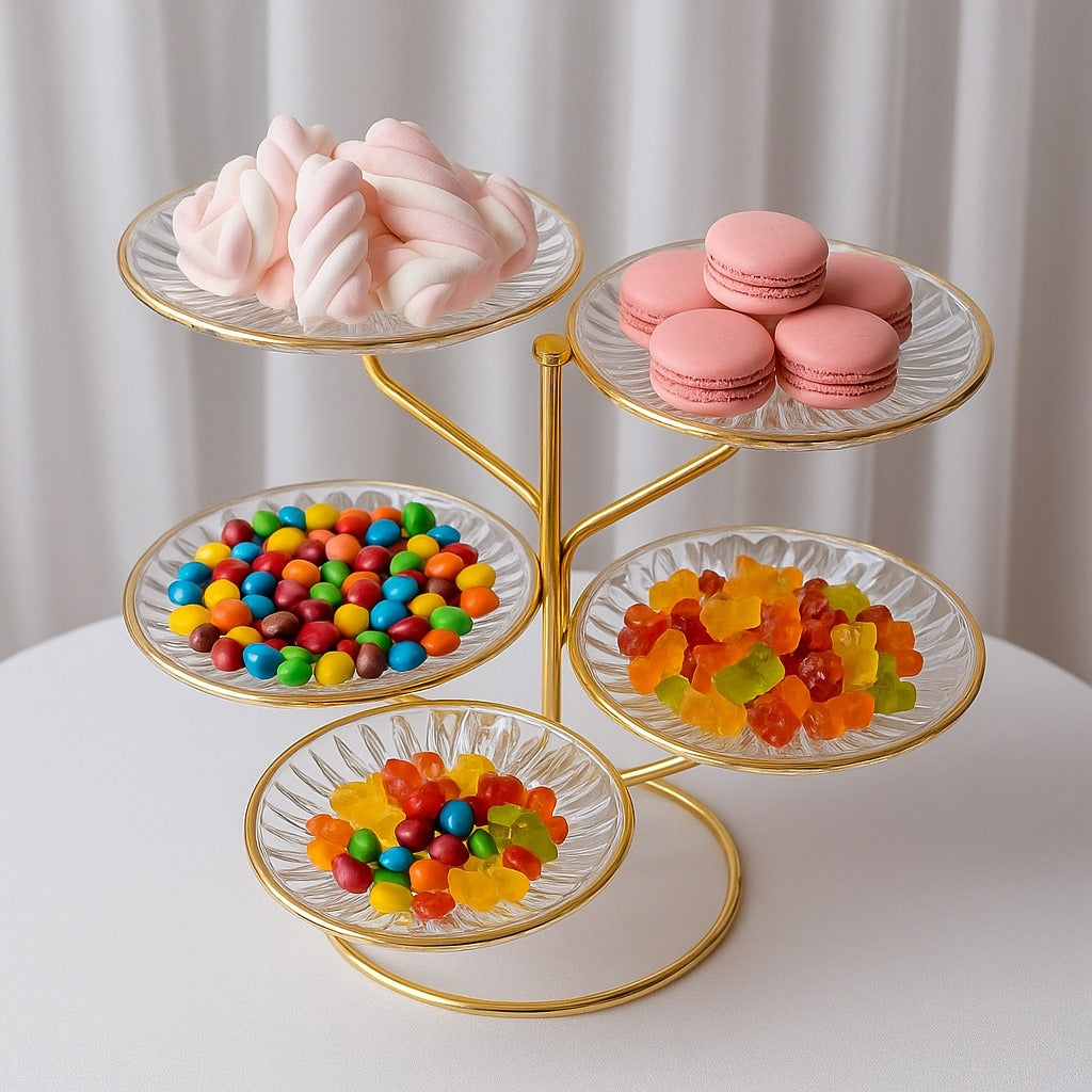 Etajera Eleganta din Sticla cu 5 Tavi pe Suport Auriu – Perfecta pentru Candy Bar, Petreceri sau Evenimente