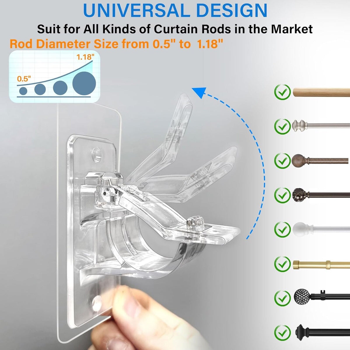 Set 10 Suporturi pentru Tija de Perdea Longziming Plastic Transparent Autoadeziv - detaliu produs