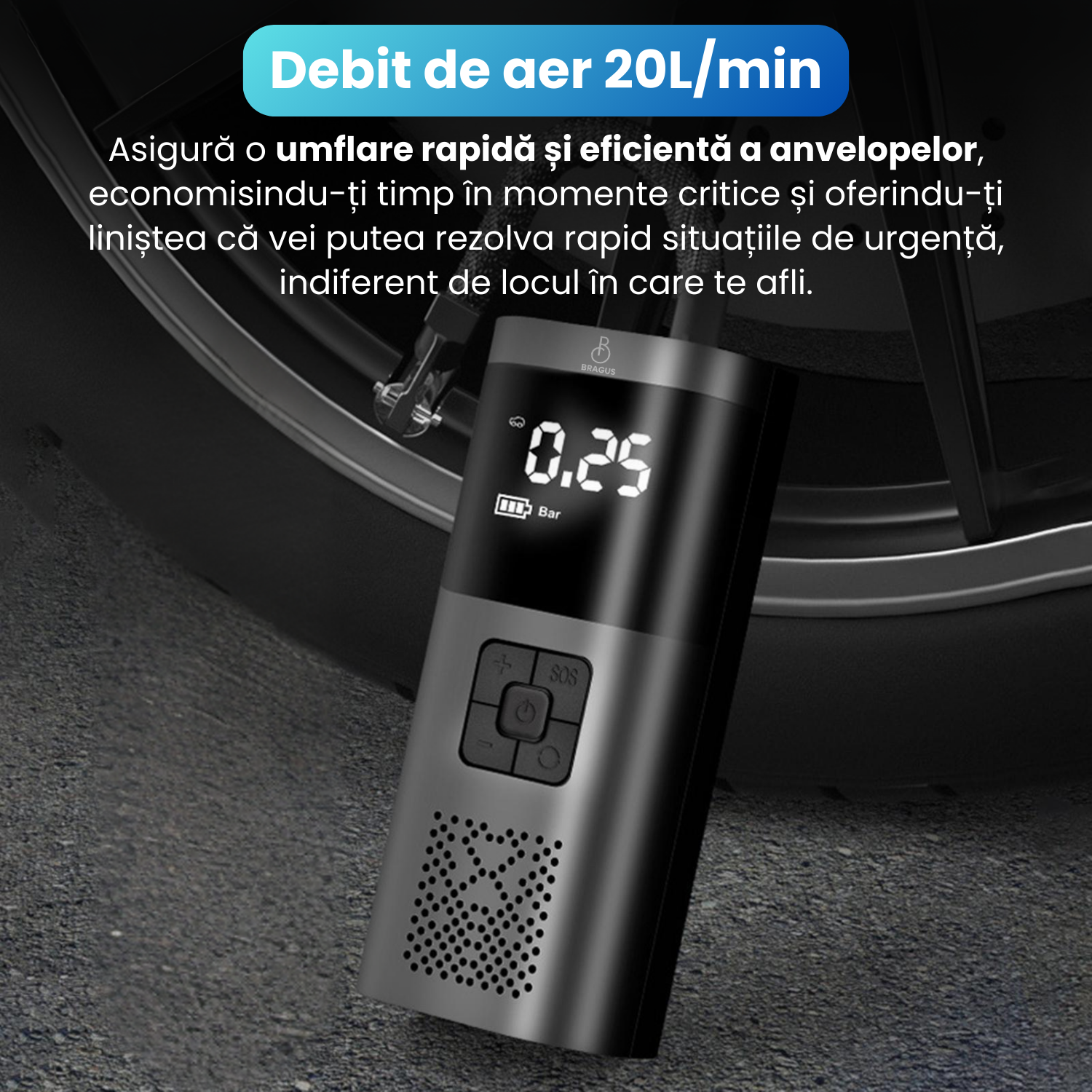 Compresor Auto Portabil, 3 in 1, Baterie 6000mAh Tip Powerbank, Digital, Manometru, Lanterna LED, 150PSI, Debit 20L, Incarcare USB,