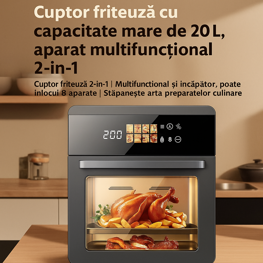 Air Fryer 20L Smart Digital – Cuptor Multifunctional cu Aer Cald, 1800W, Capacitate Mare, Ecran LED, 8 Programe