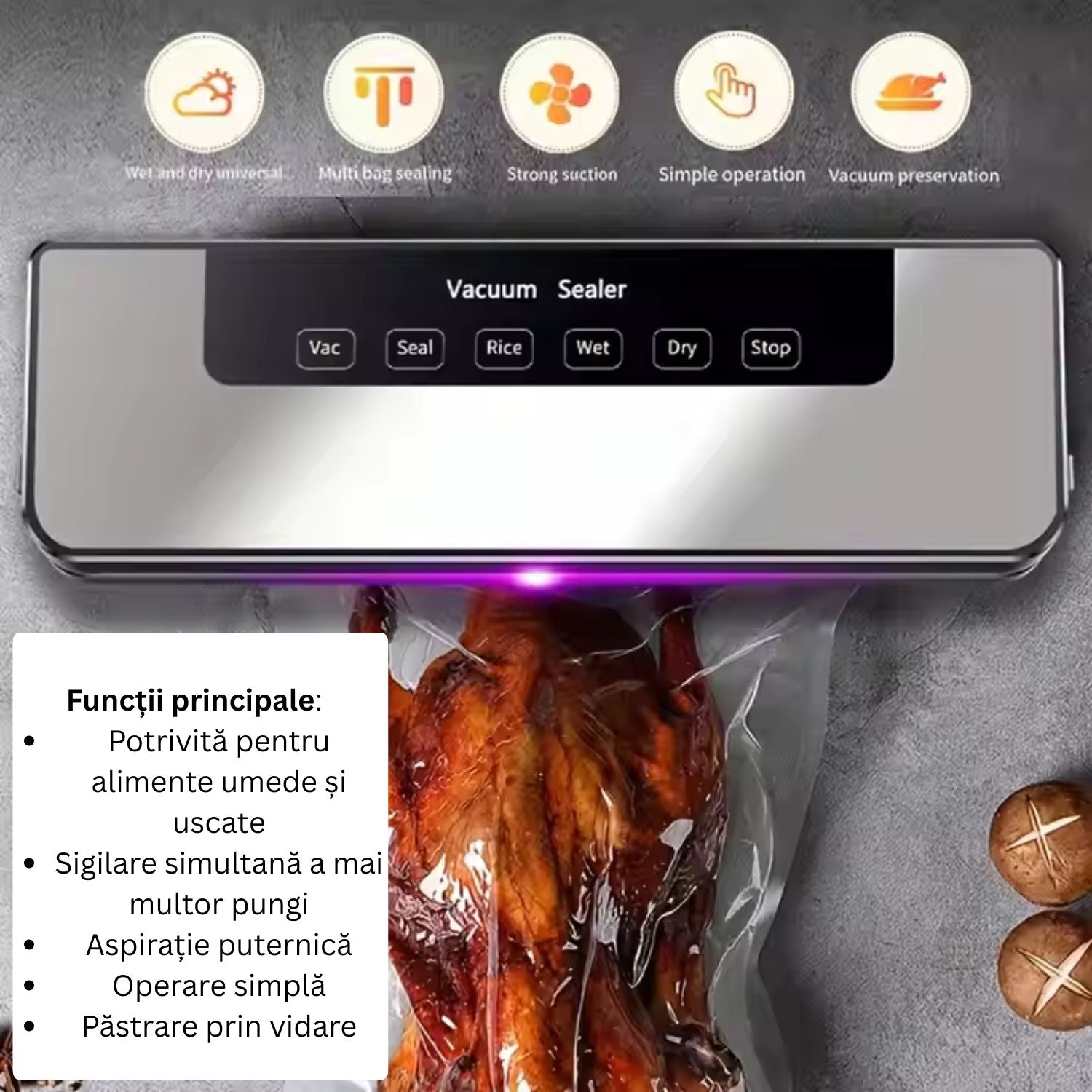 Aparat de vidat si sigilat alimente, Touch, vidare umed/uscat