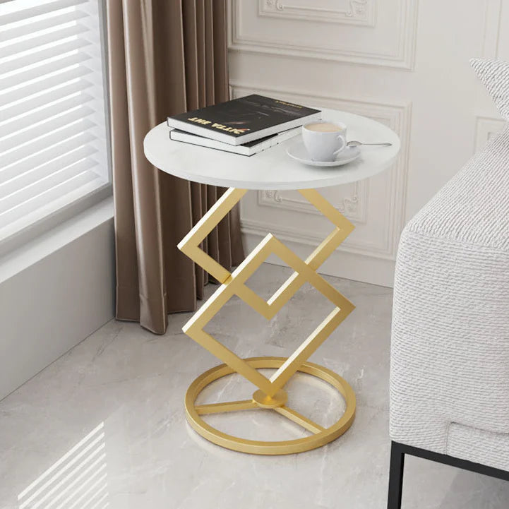 Masuta de cafea moderna cu blat tip marmura si cadru geometric metalic, design artistic, 40 x 58 cm