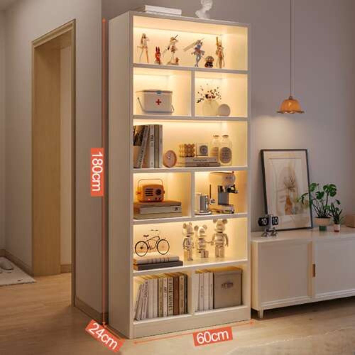 RESIGILAT - Bibliotecă cu 6 rafturi deschise, cadru lemn – alb/stejar negru, 180x60x24 cm