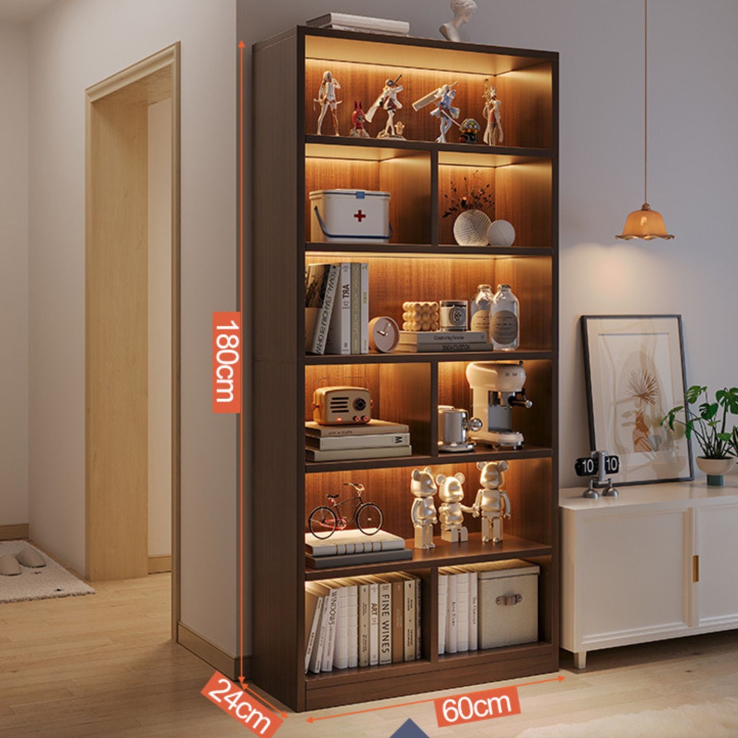 RESIGILAT - Bibliotecă cu 6 rafturi deschise, cadru lemn – alb/stejar negru, 180x60x24 cm