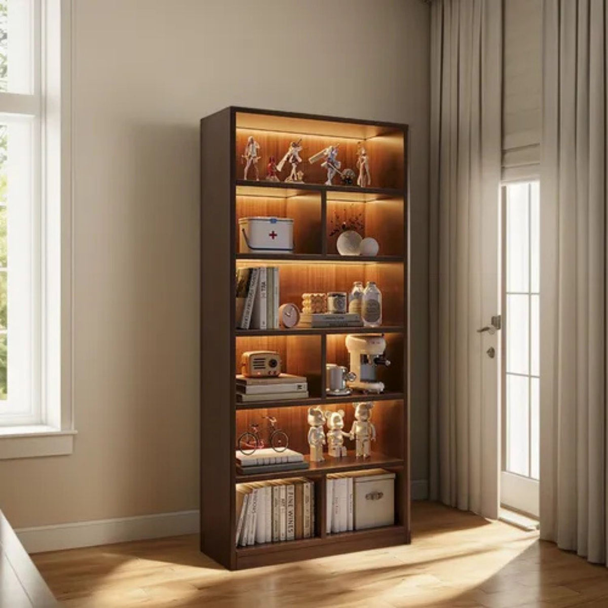 RESIGILAT - Bibliotecă cu 6 rafturi deschise, cadru lemn – alb/stejar negru, 180x60x24 cm