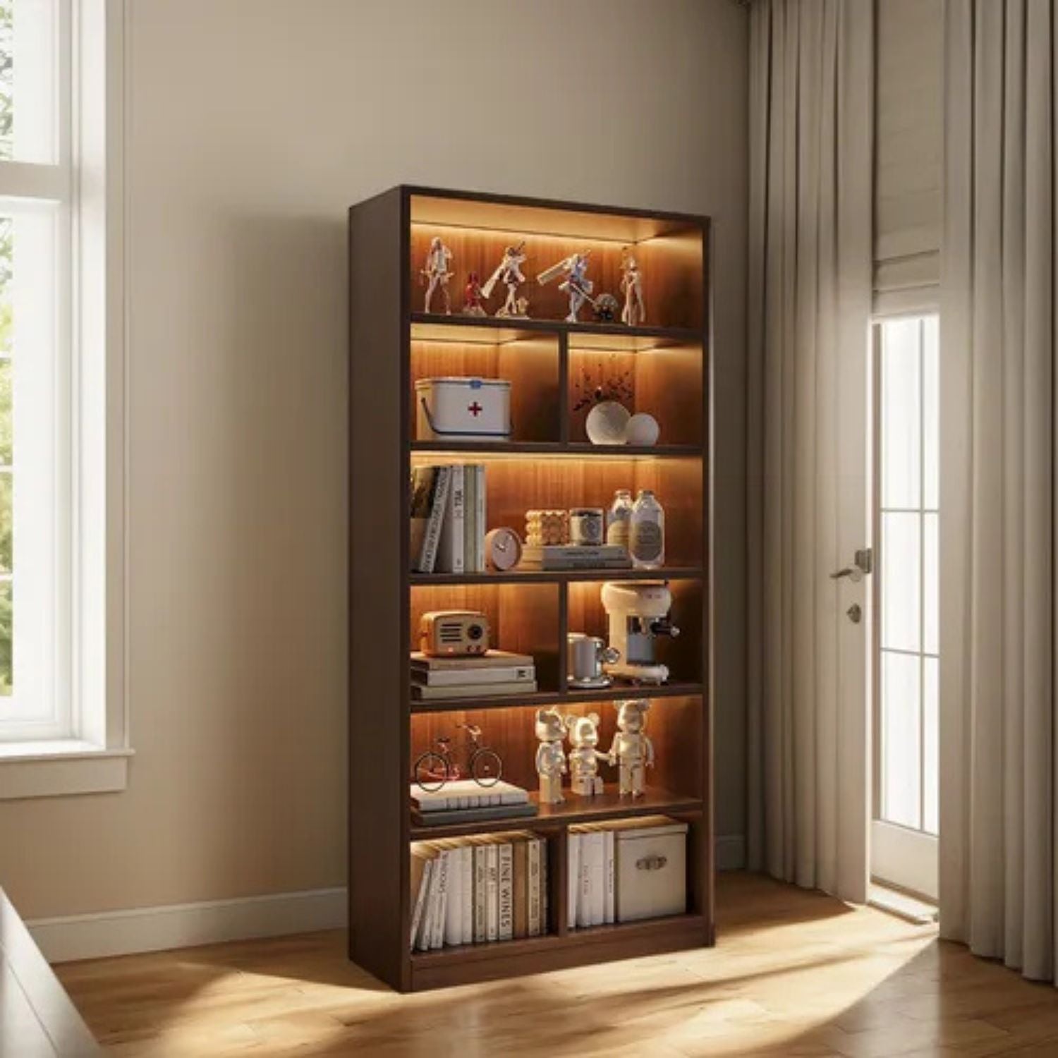 RESIGILAT - Bibliotecă cu 6 rafturi deschise, cadru lemn – alb/stejar negru, 180x60x24 cm