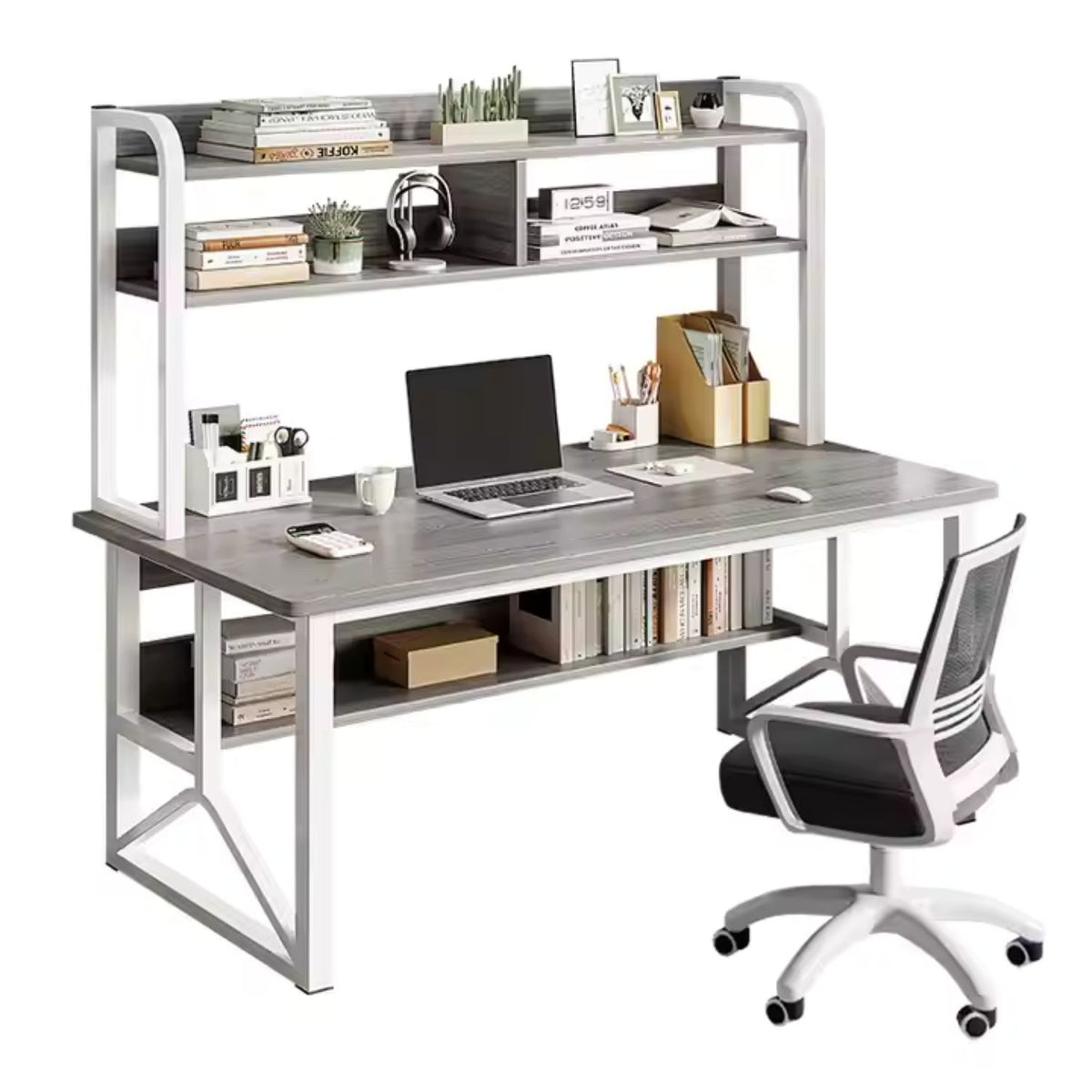 Birou cu rafturi integrate pentru laptop sau calculator – 2 polițe de depozitare, cadru metalic – stejar/gri, 140x60 cm