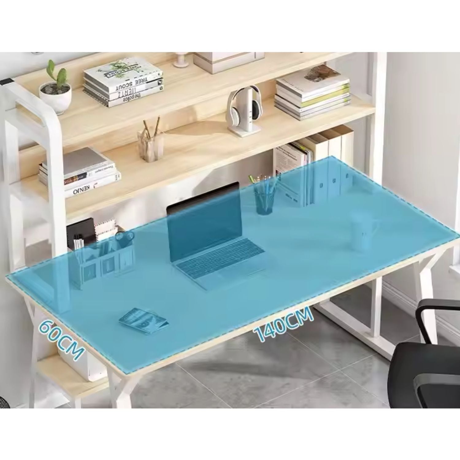 Birou cu rafturi integrate pentru laptop sau calculator – 2 polițe de depozitare, cadru metalic – stejar/gri, 140x60 cm