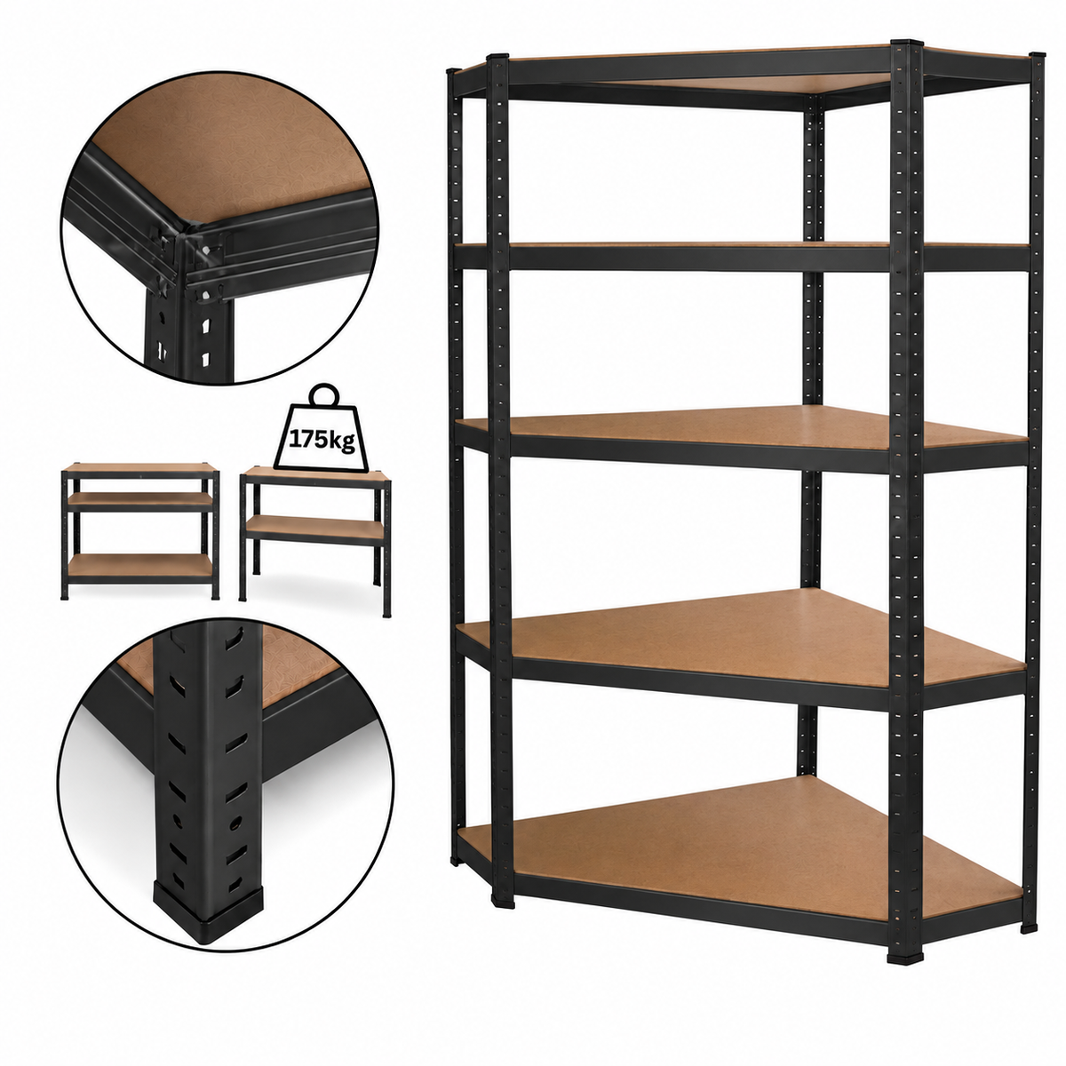 Raft metalic de colt, cu 5 polite, cadru otel galvanizat, polita MDF, 175 Kg/polita, 180x90x40 cm