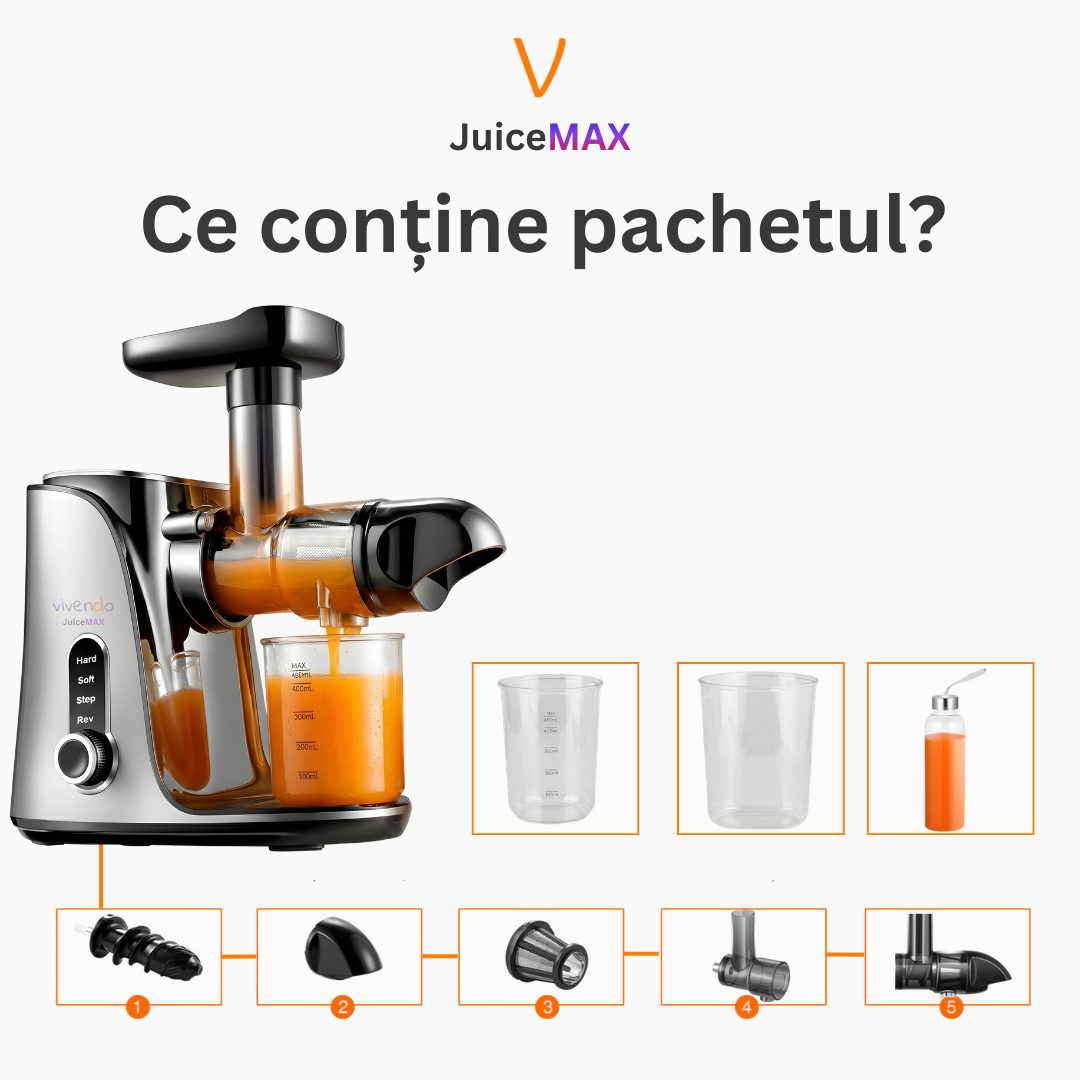 Storcator Multifunctional JuiceMAX cu Presare la Rece – Motor DC 150W, 110 RPM, Corp Inox, Functie Reverse, pentru Fructe, Legume si Frunze Verzi