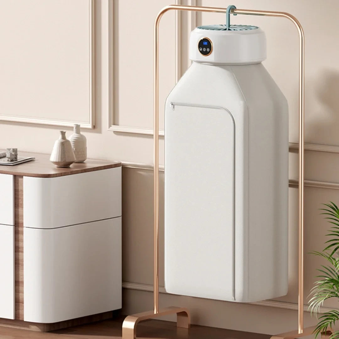 Uscator de haine pliabil de uz casnic, cu sac inclus, portabil, capacitate 10 KG, uscare rapida la temperatura constanta, sterilizare cu raze UV, cip PTC, circulatie de aer cald la 360°, Alb