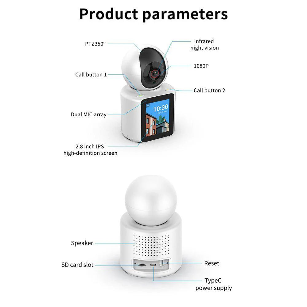 Camera video comunicare bidirectionala, ecran de 2.8 inch, monitorizare bebelusi, apeluri telefonice video, 360°, HD 1080p, infrarosu, detectare miscare, stocare in Cloud si pe card SD