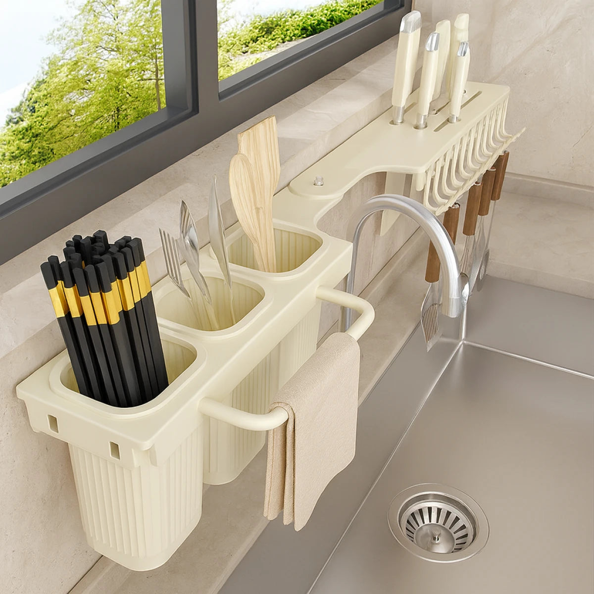 Suport dublu pentru bucatarie din metal, pliabil, 2 moduri de montare, multifunctional, 67 x 9 x 12 cm