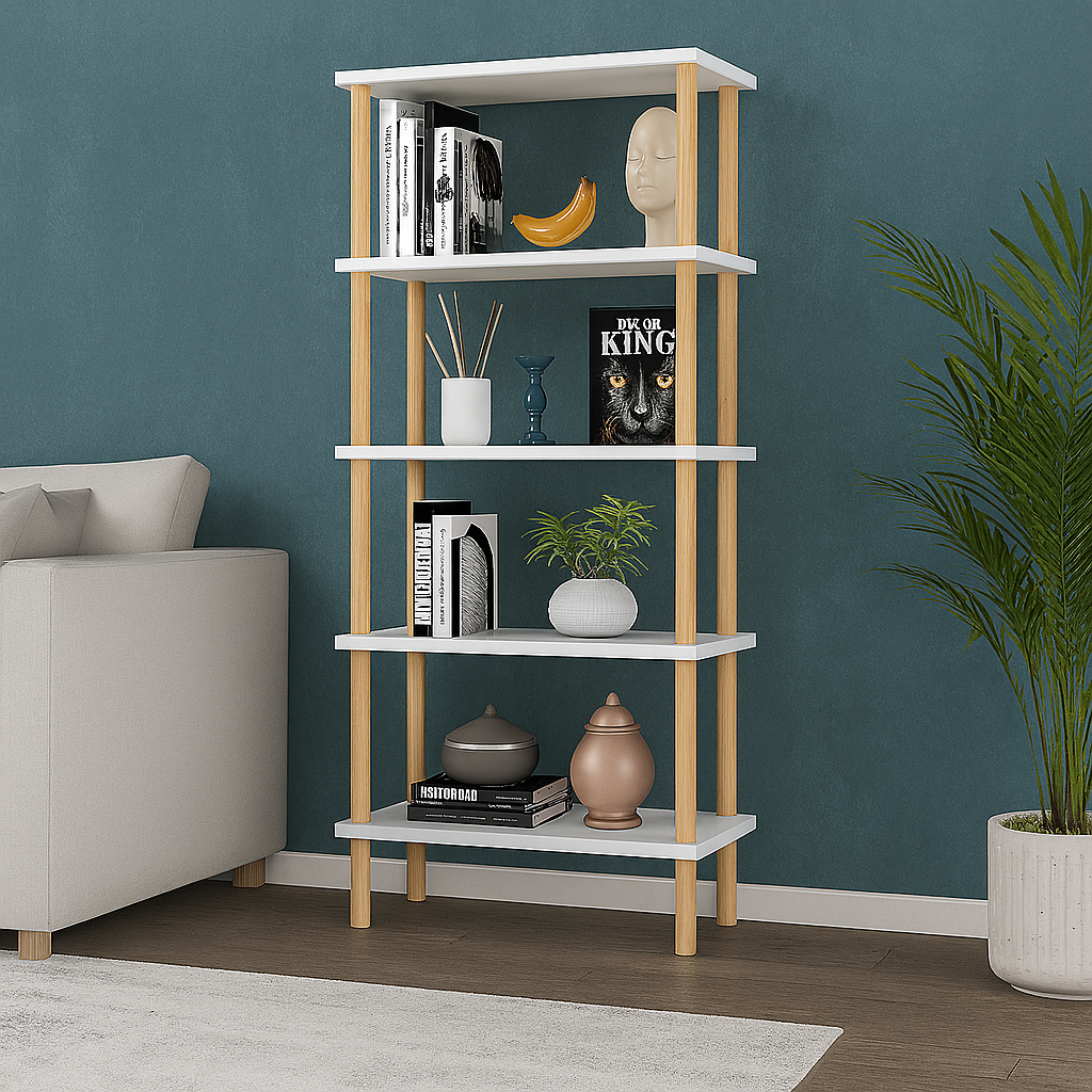 Raft elegant cu 5 polite din bambus, 29x60x137 cm