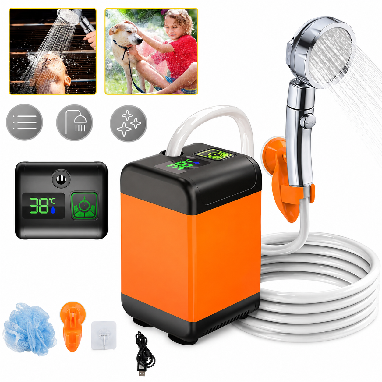 Dus Portabil Pentru Camping, Pompa De Dus Electrica Reincarcabila De 6000mAh Cu Afisaj Led Inteligent, 3 Moduri De