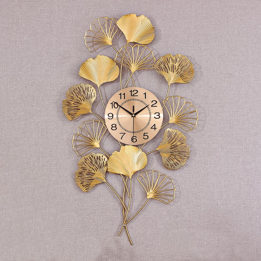Ceas de perete decorativ 76 x 42 cm – design artistic cu frunze metalice, decor lux pentru living
